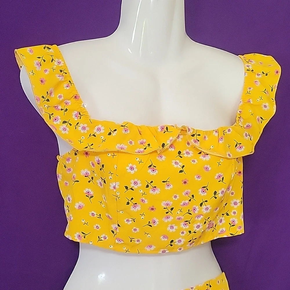 Shein mustard yellow pink floral off shoulder 2 piece set - Picture 2 of 15